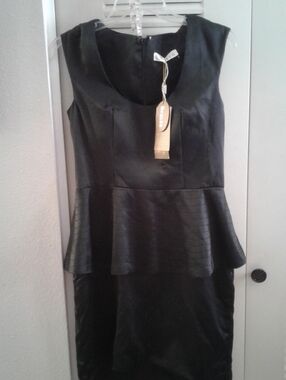 Black Peplum Midi Dress with Scoop Neck by Unbranded